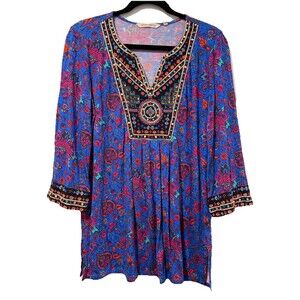 Soft Surroundings Tunic Top Women Medium Boho Floral Embroidered Sequin Vacation